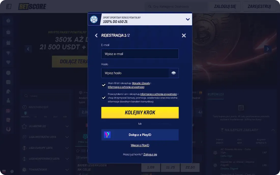 rejestracja w kasynie betscore